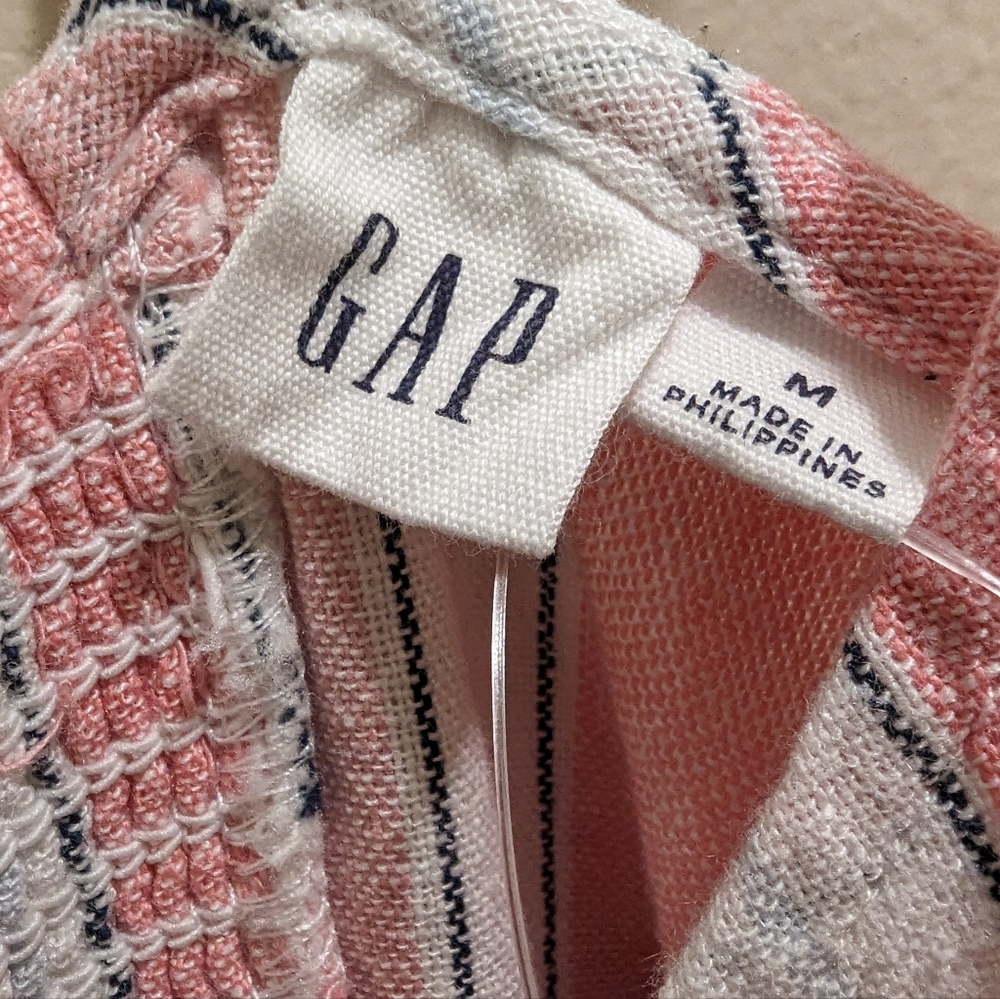 GAP Sleeveless V-Neck Button Front Linen Blend Pink & White Stripe Mini Dress- M - Picture 9 of 13